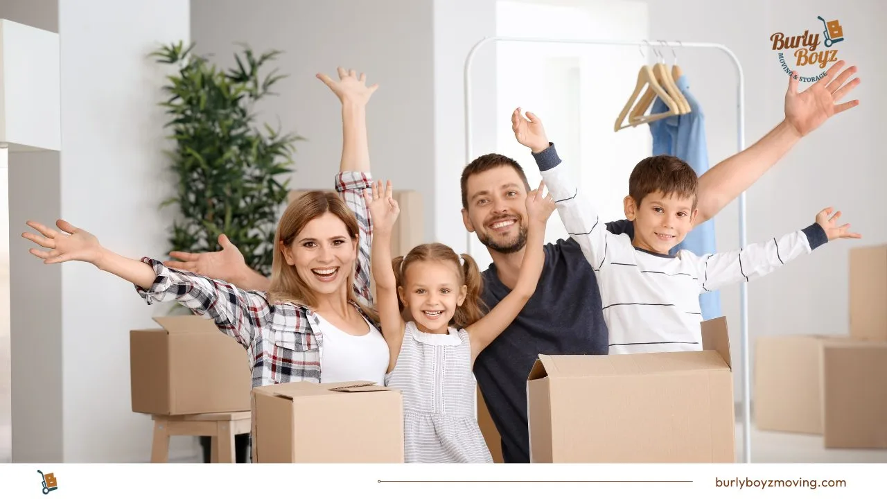 Happy family unpacking boxes — realistic timelines and tips for settling into your new home with Burly Boyz Moving.