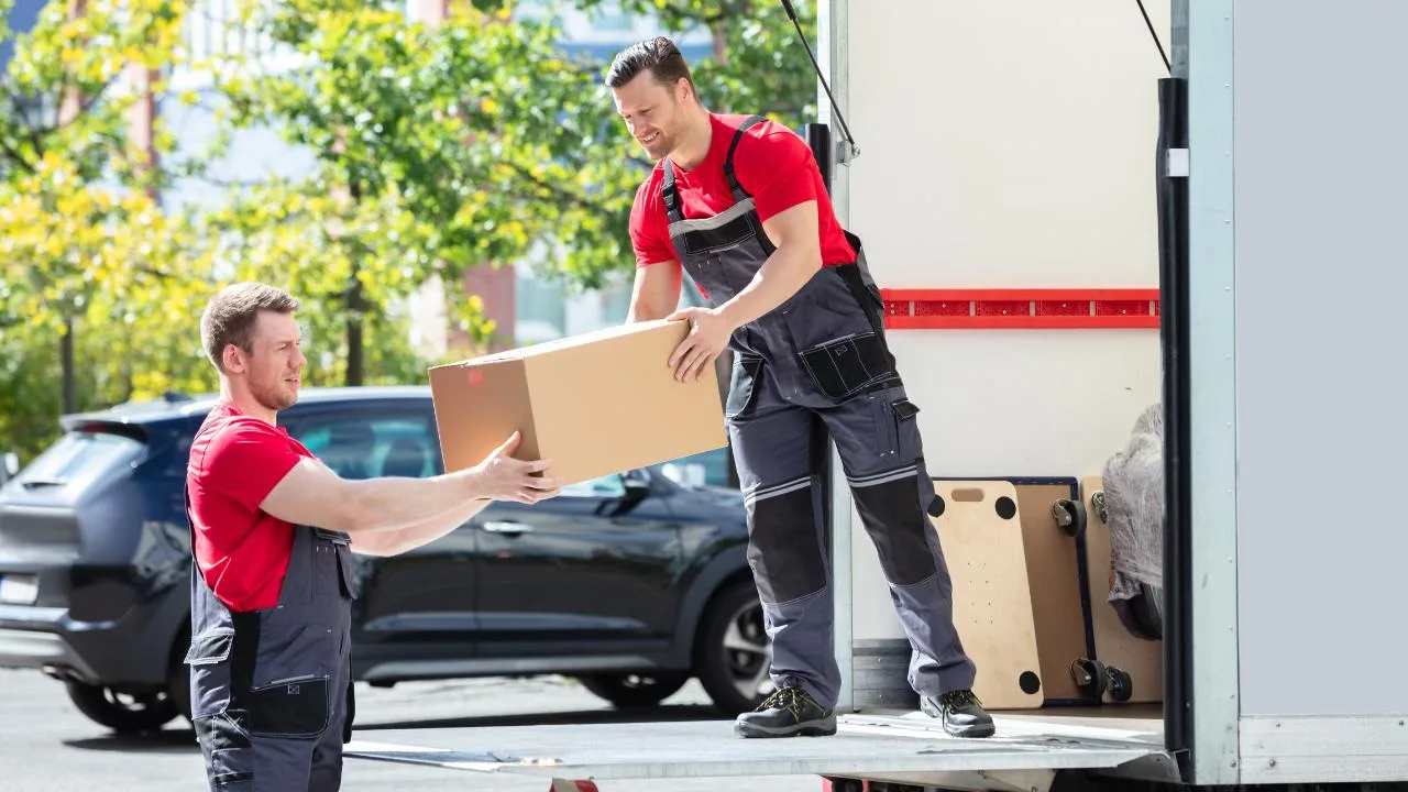 Two professional movers loading boxes into a truck — illustrating how we handle the cheapest way to move furniture across Canada 