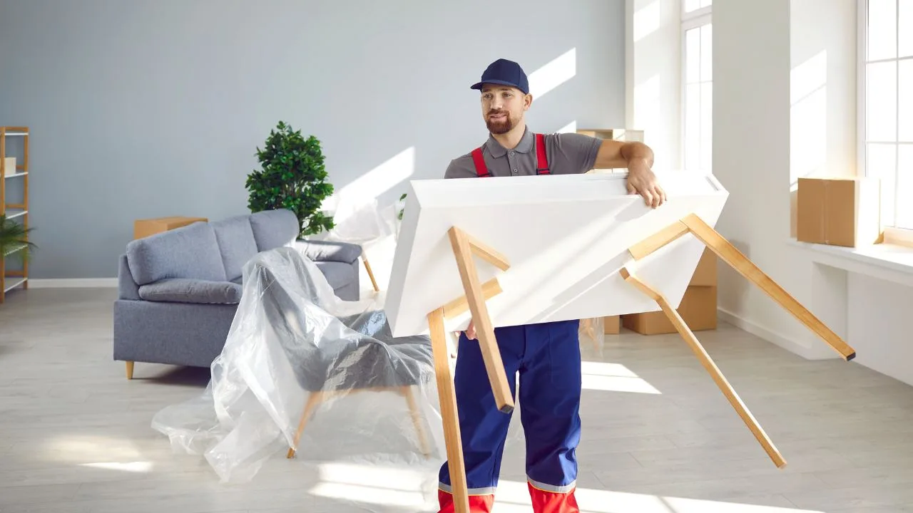 Mover carrying a table into a new home — realistic timelines and tips for settling into your new home with Burly Boyz Moving.