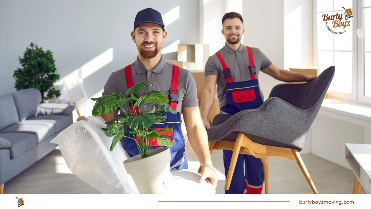 Professional movers handling furniture and plants during a local move – Burly Boyz Moving