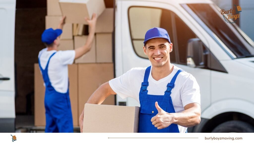 2 professional at moving antiques and valuable items carrying boxes to a truck 